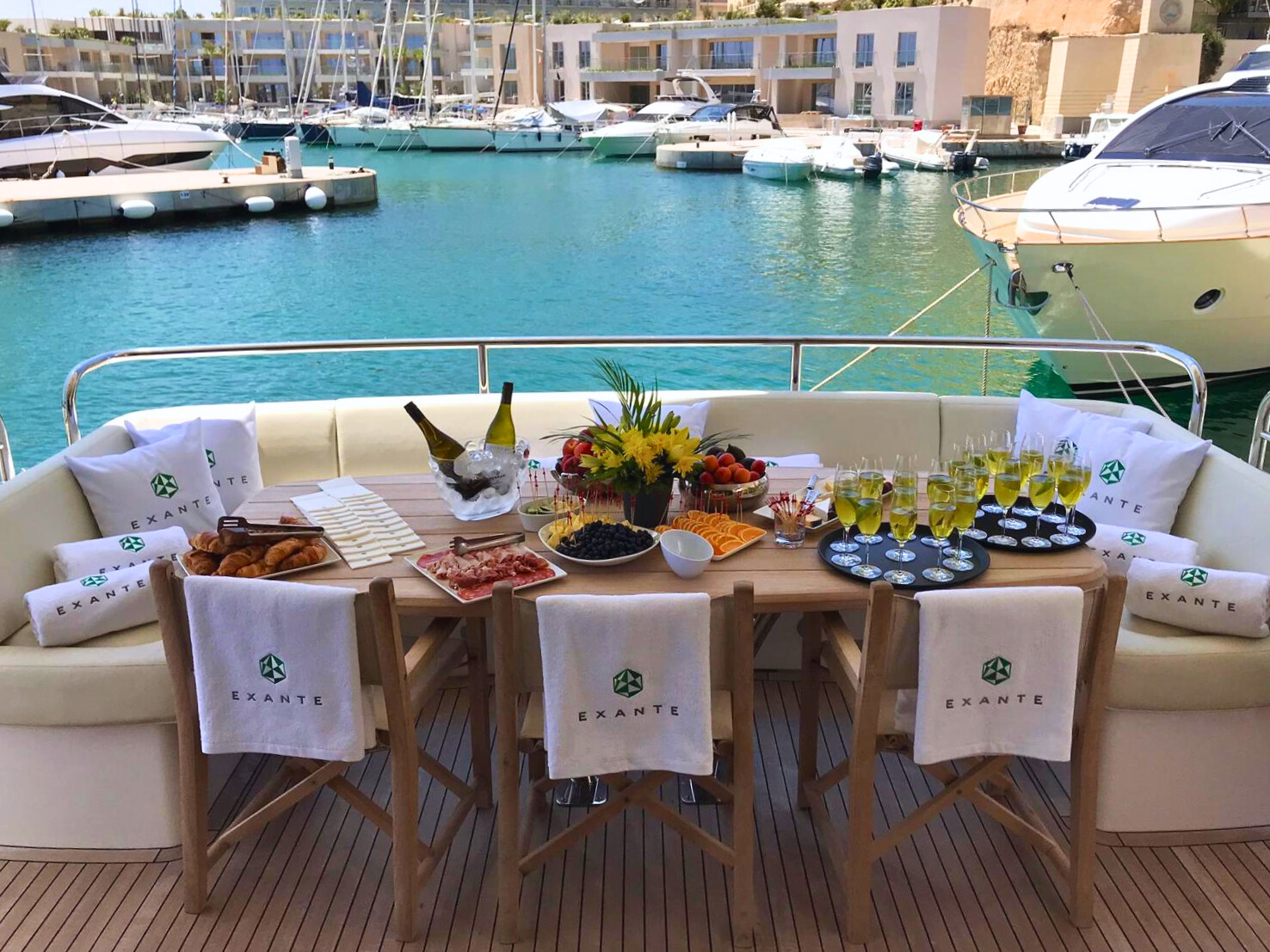 Aft deck table set for a private lunch in Malta
